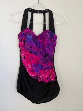 Miraclesuit One Piece Halter Swimsuit Black and Pink Floral Women’s Size 10